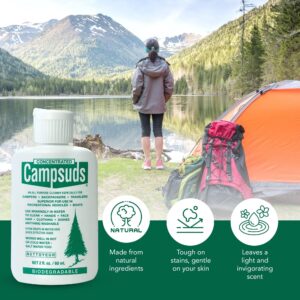 CONCENTRATED CAMPSUDS Outdoor Soap - Environmentally Conscious Camping Soap - Hiking & Camping Supplies - Camp Soap, Backpacking Soap, Travel Soap - Camping Gear Must Haves - 2 Fl Oz Bottle