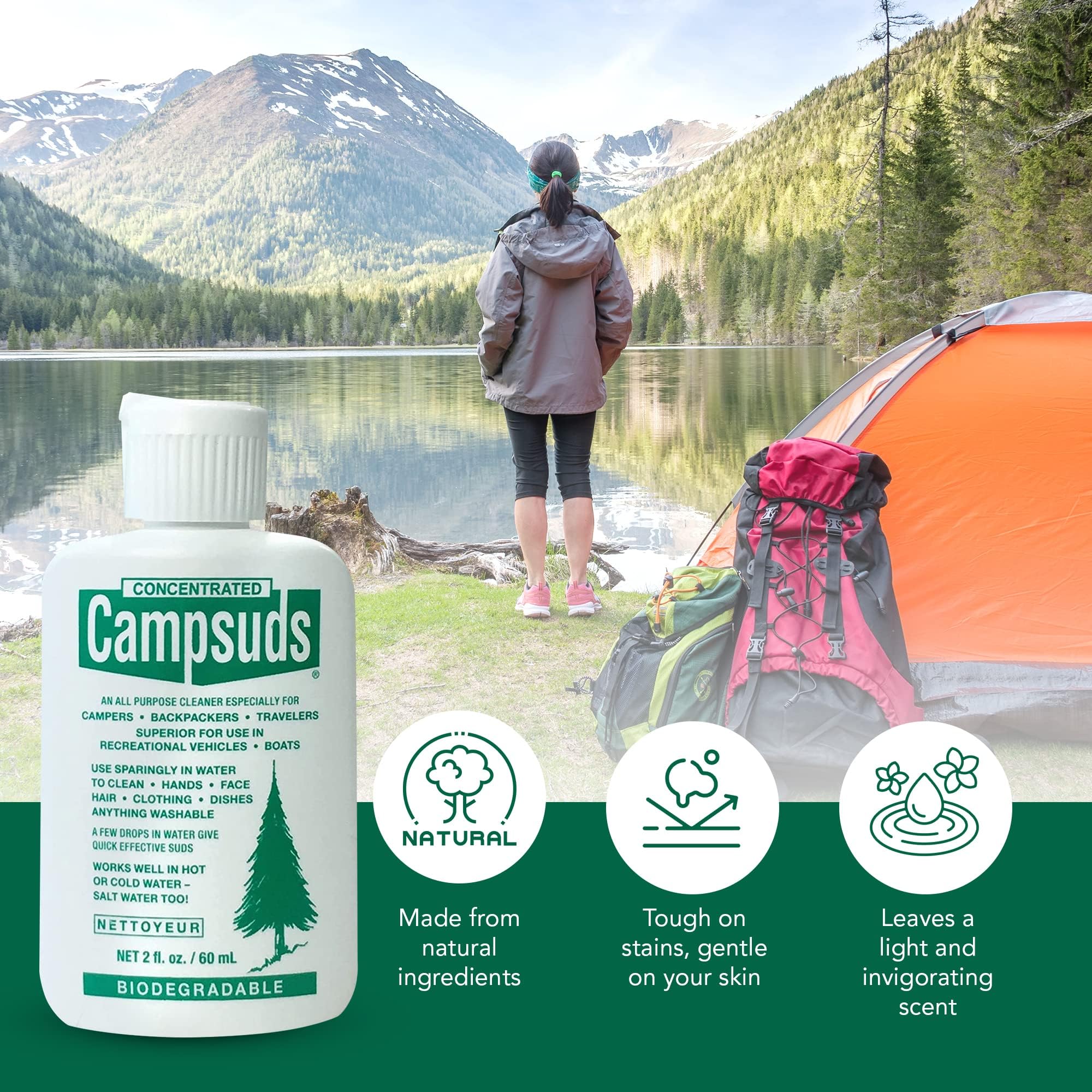 CONCENTRATED CAMPSUDS Outdoor Soap - Environmentally Conscious Camping Soap - Hiking & Camping Supplies - Camp Soap, Backpacking Soap, Travel Soap - Camping Gear Must Haves - 2 Fl Oz Bottle