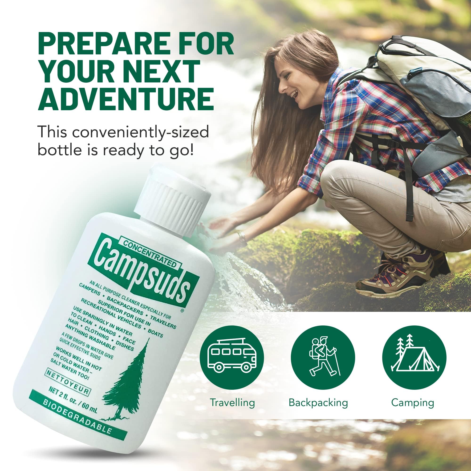 CONCENTRATED CAMPSUDS Outdoor Soap - Environmentally Conscious Camping Soap - Hiking & Camping Supplies - Camp Soap, Backpacking Soap, Travel Soap - Camping Gear Must Haves - 2 Fl Oz Bottle