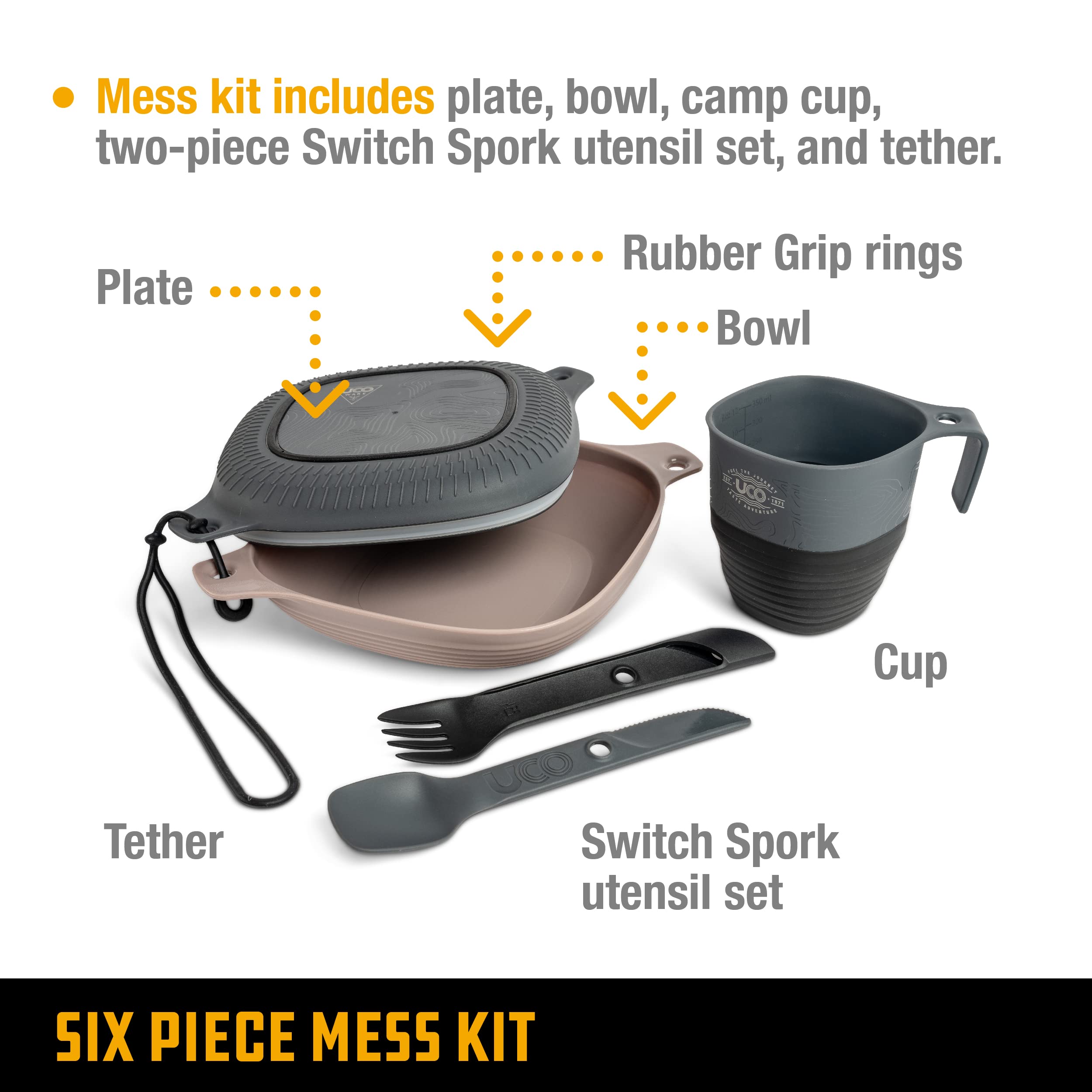 UCO 6-Piece Camping Mess Kit with Bowl, Plate, Collapsible Cup, and Switch Camping Spork