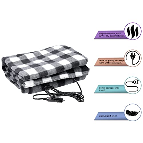 Heated Car Blanket - 12-Volt Electric Blanket for Car, Truck, SUV, or RV - Portable Heated Throw - Camping Essentials by Stalwart (Black Plaid)