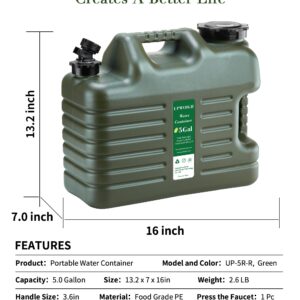 UPWOIGH 5 Gallon Water Jug, Camping Water Container, Truly No Leakage Water Storage, Large Military Green Water Tank,BPA Free Portable Emergency Overlanding Gear for Outdoors Hiking