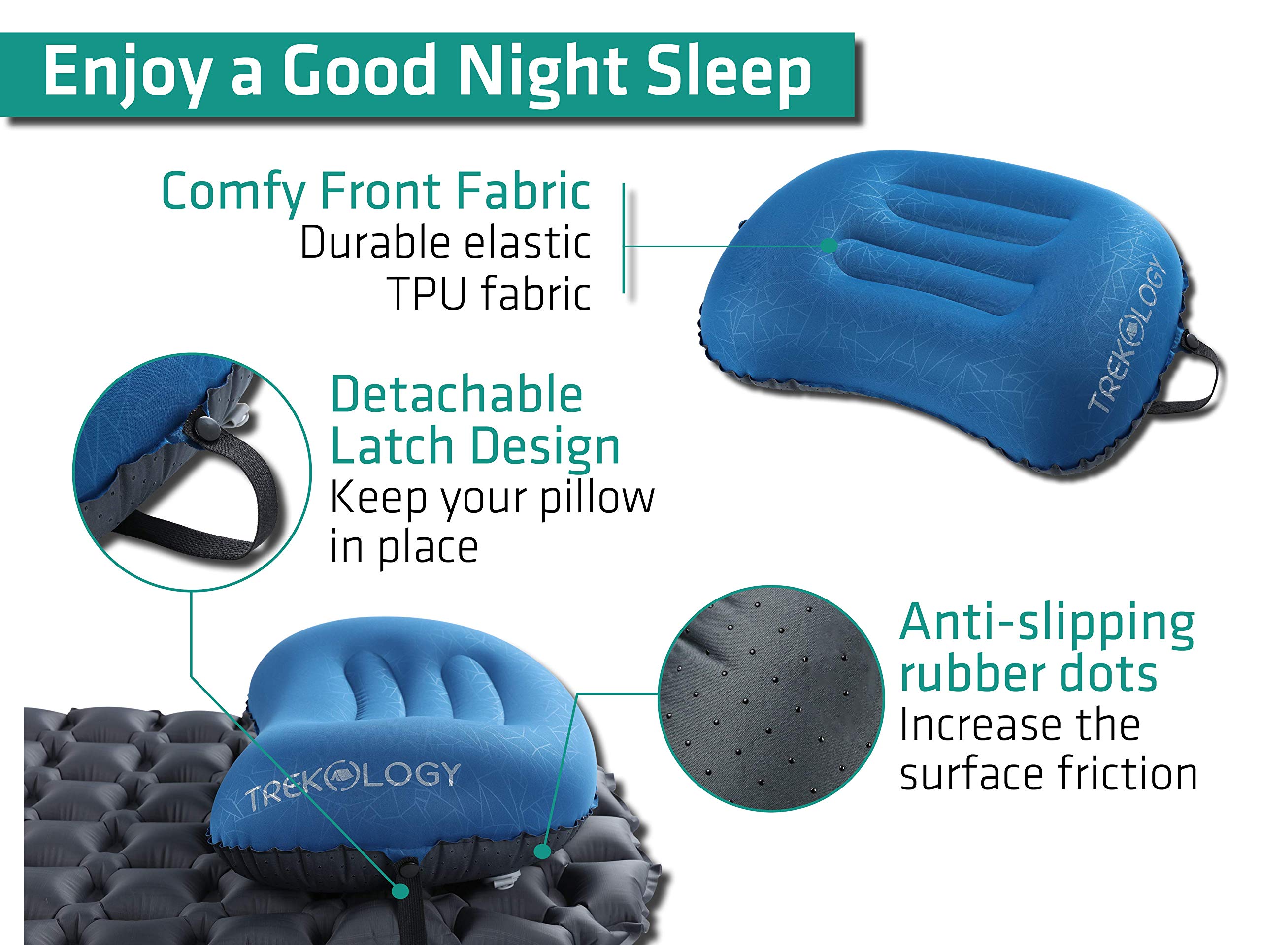 TREKOLOGY Ultralight Inflatable Camping Travel Pillow - ALUFT 2.0 Compressible, Compact, Comfortable, Ergonomic Inflating Pillows for Neck & Lumbar Support While Camp, Hiking, Backpacking