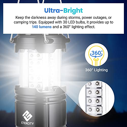 Etekcity Camping Lanterns for Power Outages 4 Pack, Flashlight for Camping Essentials, Emergency Led Battery Operated Lights, Survival Kit and Gear for Hurricane, Black