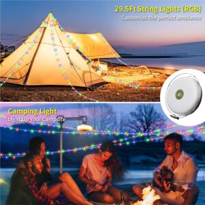 HAMLITE Camping String Lights,2 in 1 Outdoor Waterproof Portable Stowable String Light with 5 Lighting Modes(32.8Ft), USB Camping Lights, Rechargeable String Lights for Camping Yard Hiking,Decoration