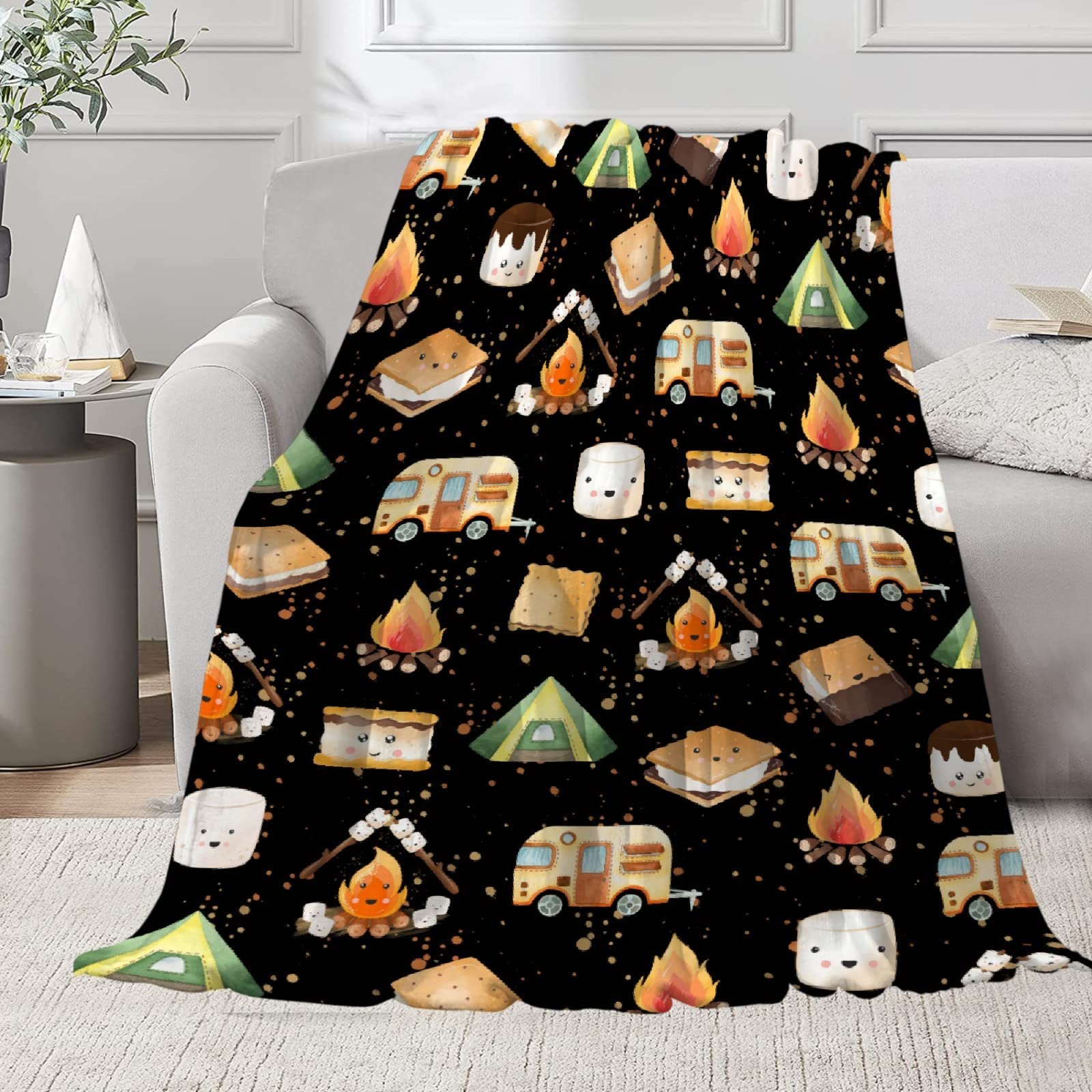 Cute S'Mores Blanket | Ultra Soft Marshmallow Throw Blanket | Plush Warm Cozy Roasted Marshmallows Blanket for Couch/Sofa/Travel/Camping | 40"x50" Camping Blanket | Camper Gifts Home Decor