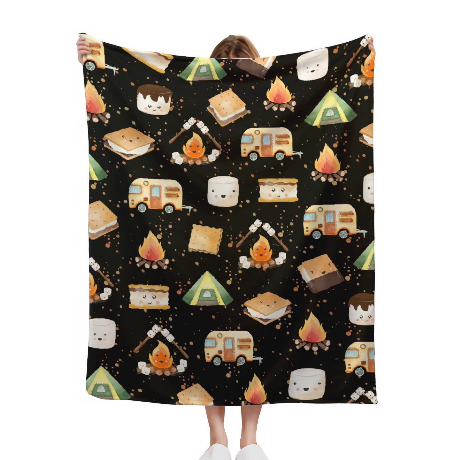 Cute S'Mores Blanket | Ultra Soft Marshmallow Throw Blanket | Plush Warm Cozy Roasted Marshmallows Blanket for Couch/Sofa/Travel/Camping | 40"x50" Camping Blanket | Camper Gifts Home Decor