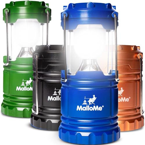 MalloMe Camping Lantern Multicolor 4 Pack Lanterns for Power Outages, Camping Lights for Tent Hanging, Camp Light Tent Lamp Emergency Battery Powered LED Lantern (Rechargeable Batteries Not Included)