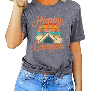Happy Camper Women's Graphic Tee, Cute & Funny Camping Shirt, Short Sleeve Casual Top (XL, Grey)