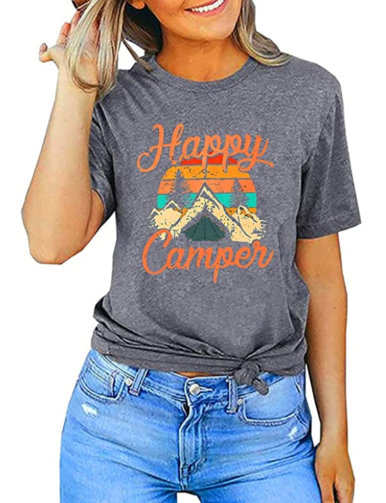 Happy Camper Women's Graphic Tee, Cute & Funny Camping Shirt, Short Sleeve Casual Top (XL, Grey)