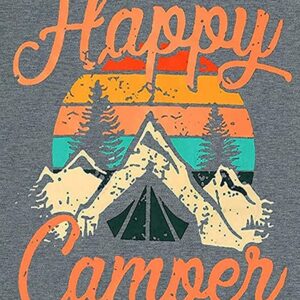 Happy Camper Women's Graphic Tee, Cute & Funny Camping Shirt, Short Sleeve Casual Top (XL, Grey)