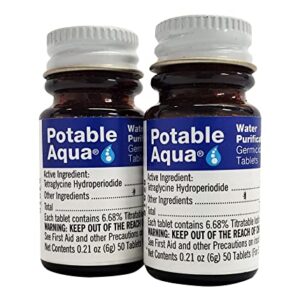 Potable Aqua Water Purification Tablets, Portable and Effective Water Purification Solution for Camping, Hiking, Emergencies, Natural Disasters and International Travel, Two 50ct Bottles, Blue