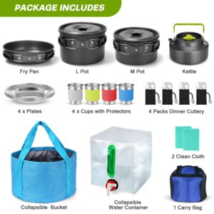 Odoland 29pcs Camping Cookware Mess Kit, Non-Stick Lightweight Pots Pan Kettle, Collapsible Water Container and Bucket, Stainless Steel Cups Plates Forks Knives Spoons for Outdoor Backpacking Picnic