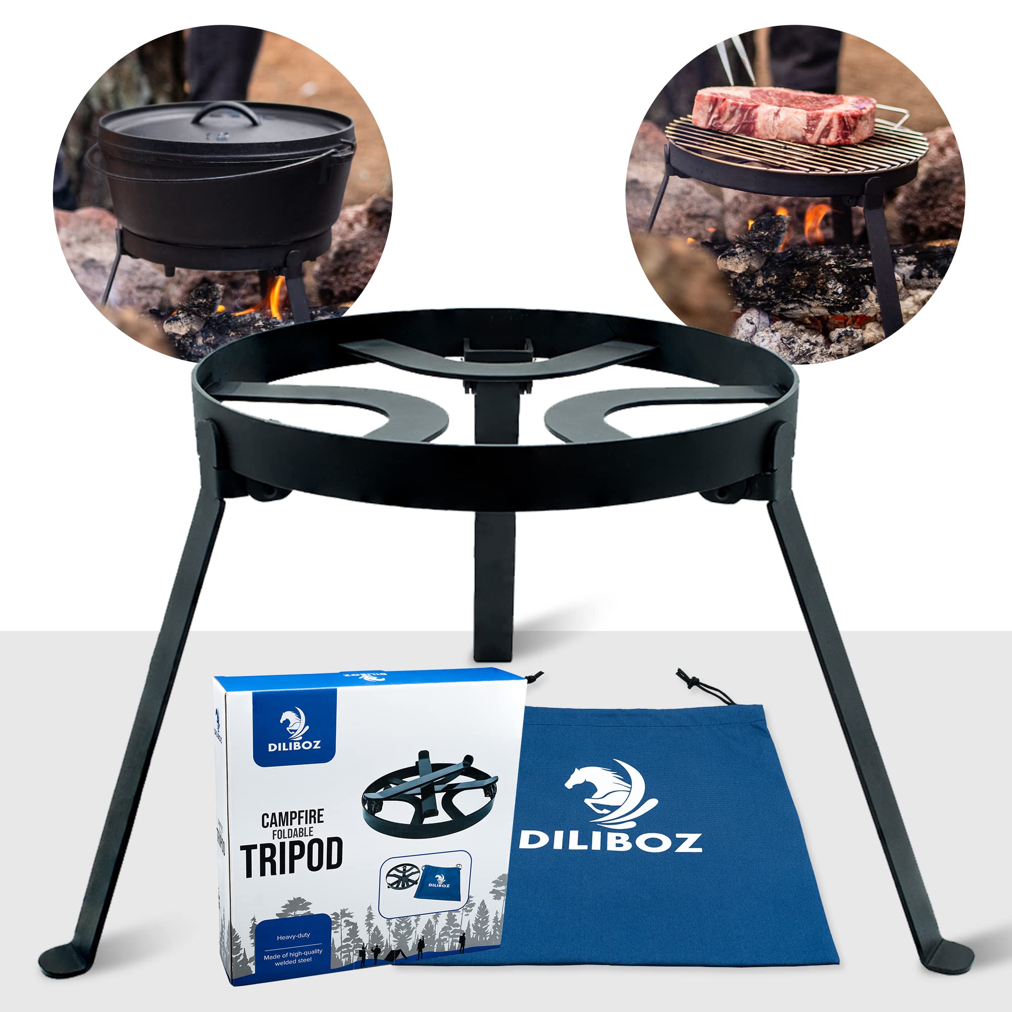 Diliboz Campfire Tripod for Dutch Oven - Camping Tripod for Cooking - Campfire Cooking Stand - Cooking Tripod - Open Fire Tripod Grill for Cooking in Cast Iron - Campfire Cooking