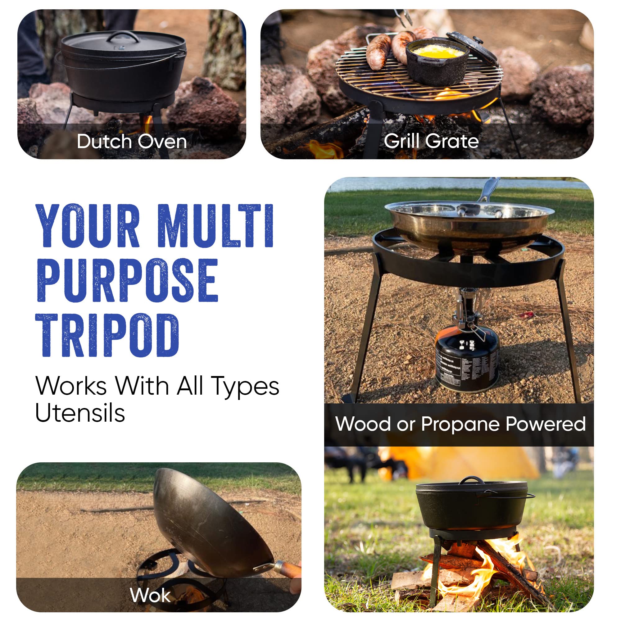 Diliboz Campfire Tripod for Dutch Oven - Camping Tripod for Cooking - Campfire Cooking Stand - Cooking Tripod - Open Fire Tripod Grill for Cooking in Cast Iron - Campfire Cooking