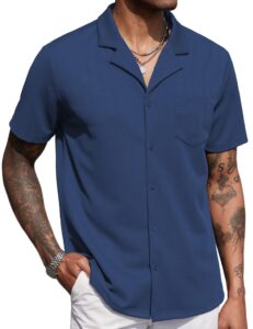 coofandy men's wrinkle free button down shirt short sleeve business casual untucked shirts lightweight stretch shirt navy blue