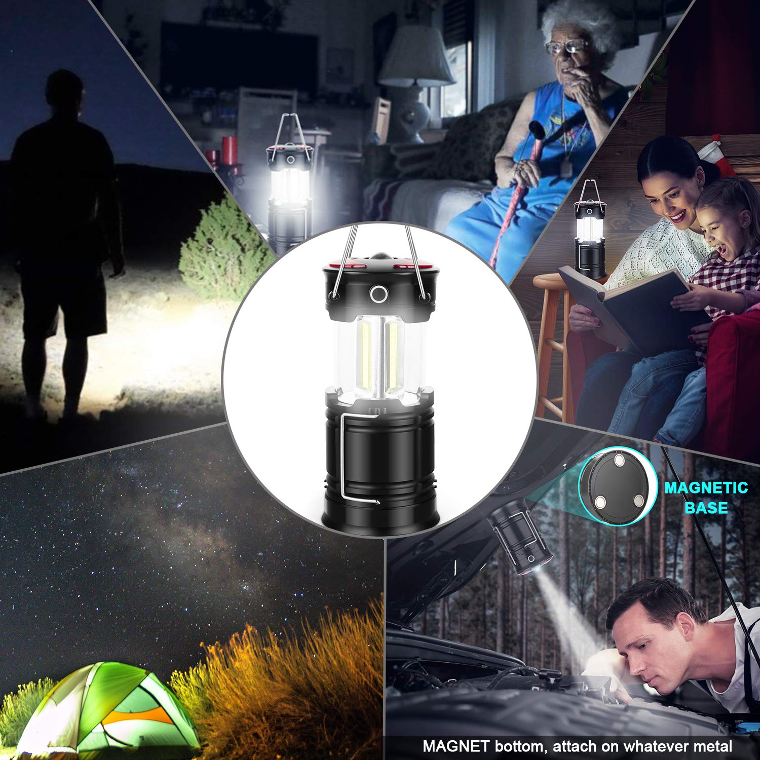 4 Pack Lantern Camping Essentials Lights, Led Flashlight for Power Outages, Tent Lights for Emergency, Survival Gear and Supplies for Hurricane, Rechargeable and Battery Powered Operated Lamp