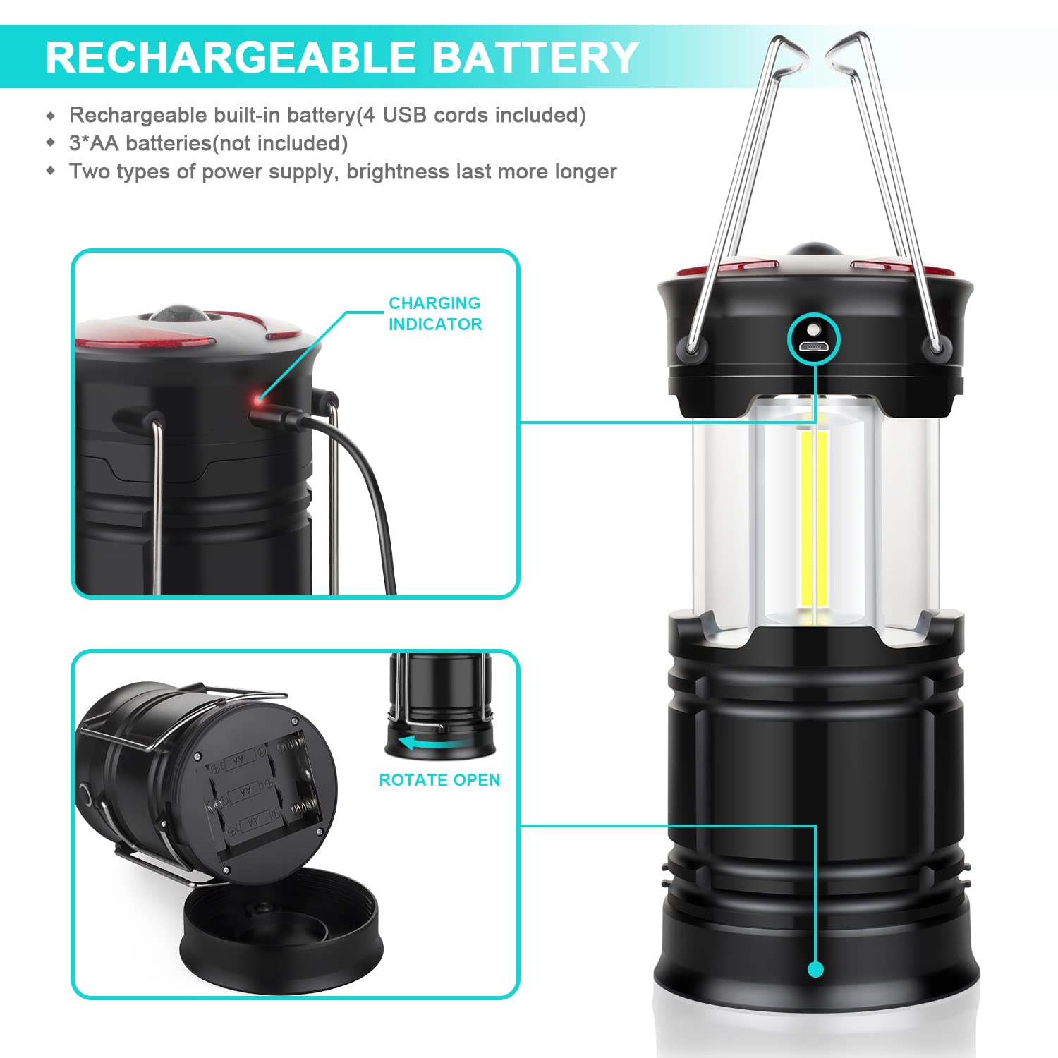 4 Pack Lantern Camping Essentials Lights, Led Flashlight for Power Outages, Tent Lights for Emergency, Survival Gear and Supplies for Hurricane, Rechargeable and Battery Powered Operated Lamp