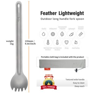 TiTo Titanium Long Handle Spork and Spoon Eco-Friendly Ultralight Portabale Flatware for Outdoor Camping Backpacking Hiking Travel Picnic Tableware with Bag(Spork)