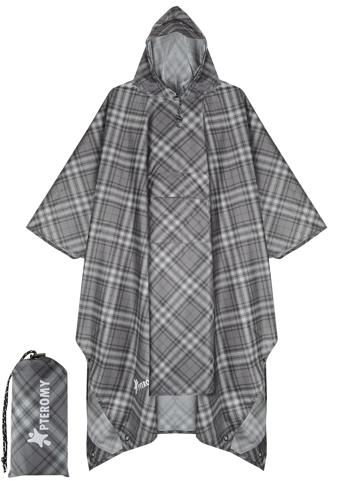 PTEROMY Hooded Rain Poncho for Adult with Pocket, Waterproof Lightweight Unisex Raincoat for Hiking Camping Emergency (Grey Grid)