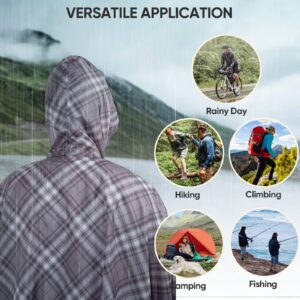 PTEROMY Hooded Rain Poncho for Adult with Pocket, Waterproof Lightweight Unisex Raincoat for Hiking Camping Emergency (Grey Grid)