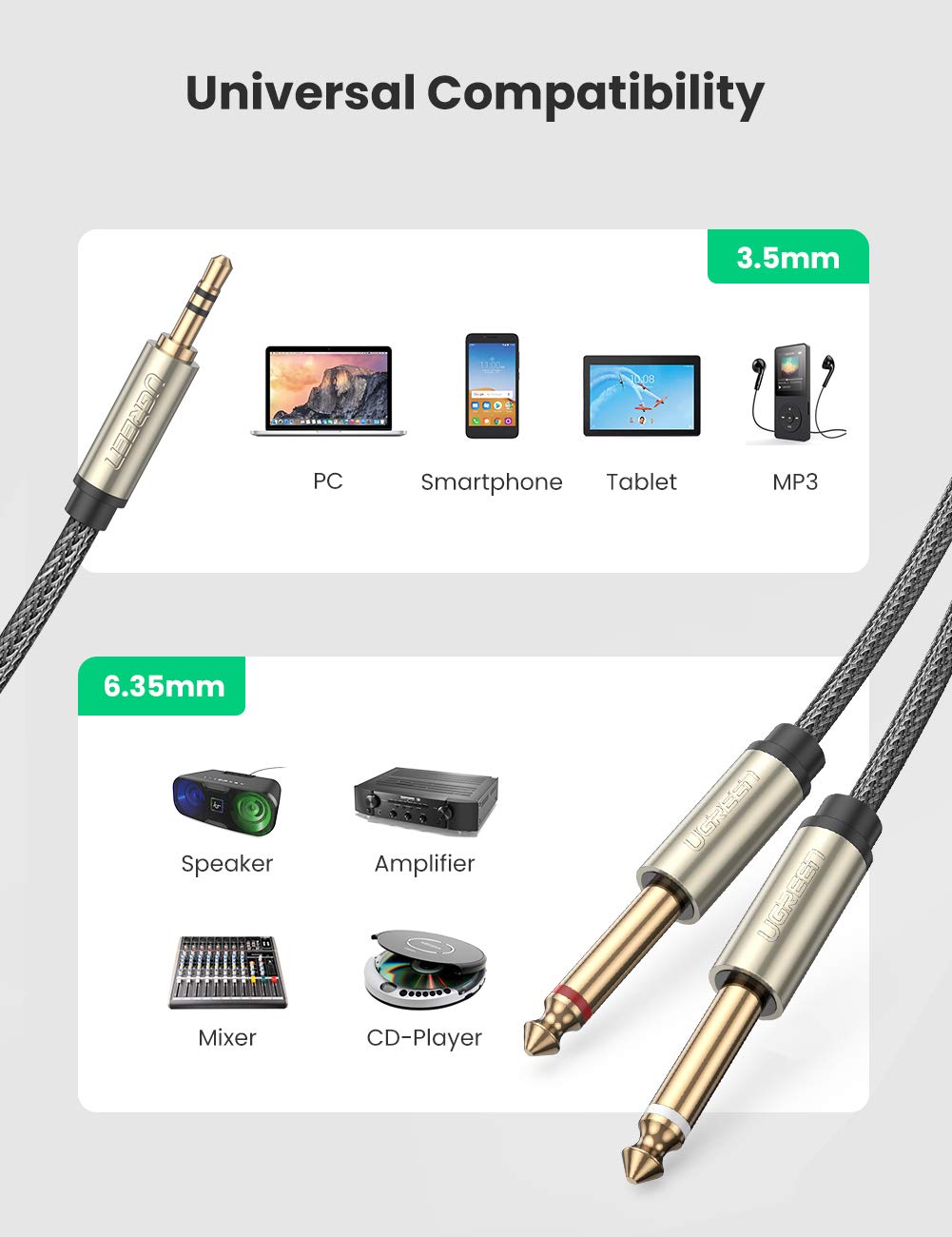 UGREEN 1/8 to 1/4 Stereo Cable 3.5mm TRS to Dual 6.35mm 1/4 TS Mono Y Splitter Audio Cord Adapter Compatible with iPhone, PC, Computer Sound Card, Mixer, Multimedia Speaker, Home Stereo System 16FT