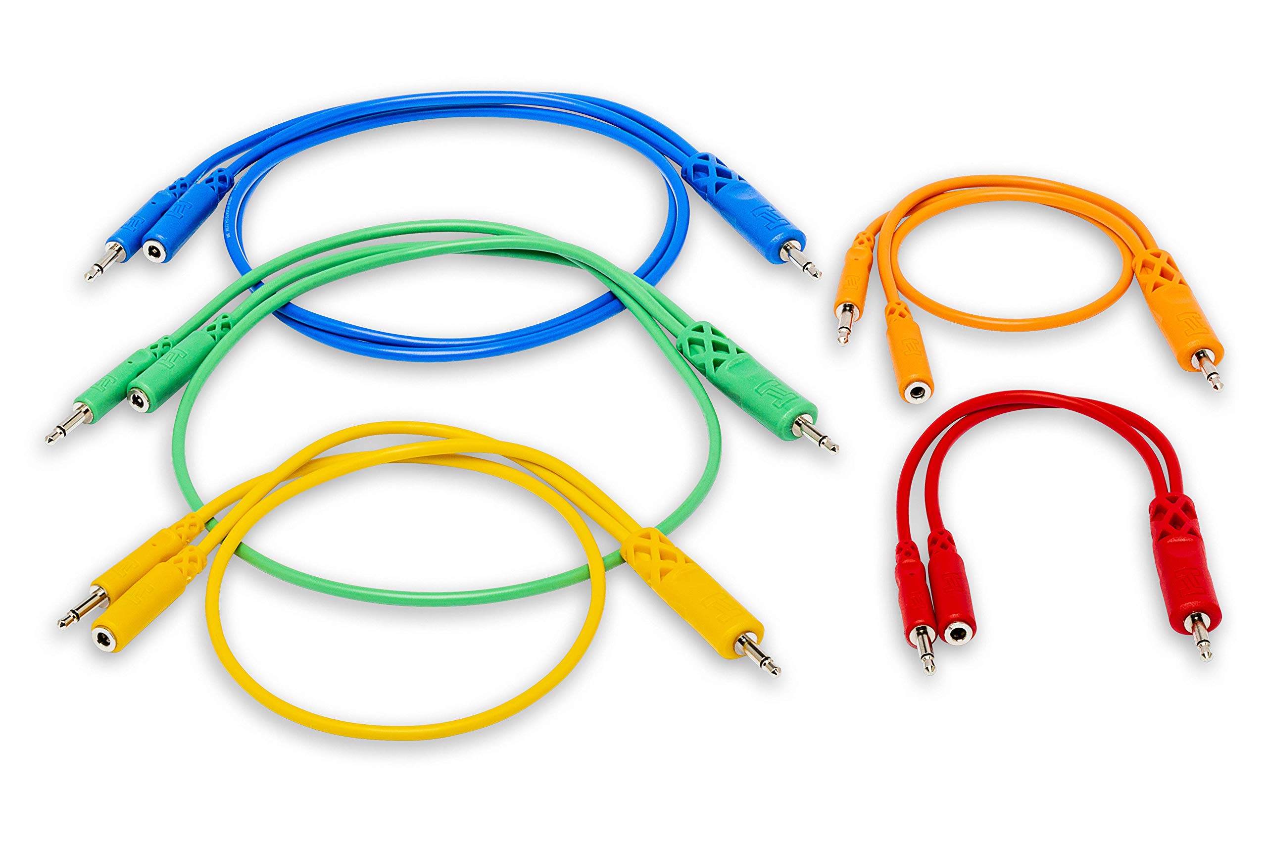 Hosa CMM-500Y-MIX 3.5 mm TS with 3.5 mm TSF Pigtail to 3.5 mm TS Hopscotch Patch Cables, Various Lengths (5 Pieces) & CMP-305 3.5 mm TS to 1/4" TS Mono Interconnect Cable, 5 feet