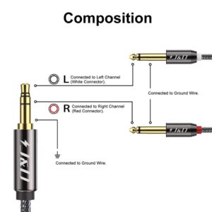 J&D 3.5mm 1/8 inch TRS Male to Dual 6.35mm 1/4 inch TS Male Mono Stereo Y-Cable Splitter for Amplifiers/Mixer Audio Recorder, Zinc Alloy Housing, Nylon Braid, Gold Plated Copper Shell, 15 Feet