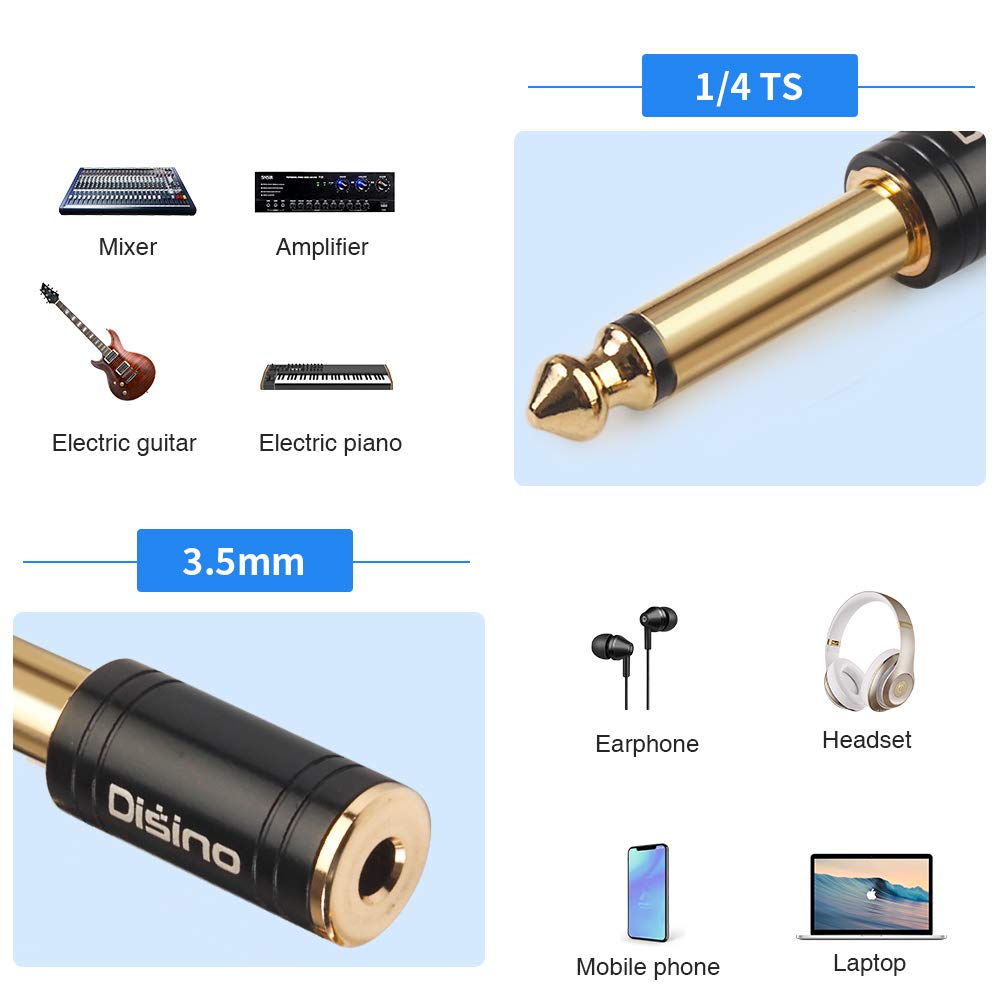 Disino 1/4" Mono to 1/8" Stereo Adapter, New Upgrade Gold-Plated 6.35mm TS Male Jack to 3.5mm TRS Female Stereo Adapter for Headphone, Amp Adapte, Black - 1 Pack