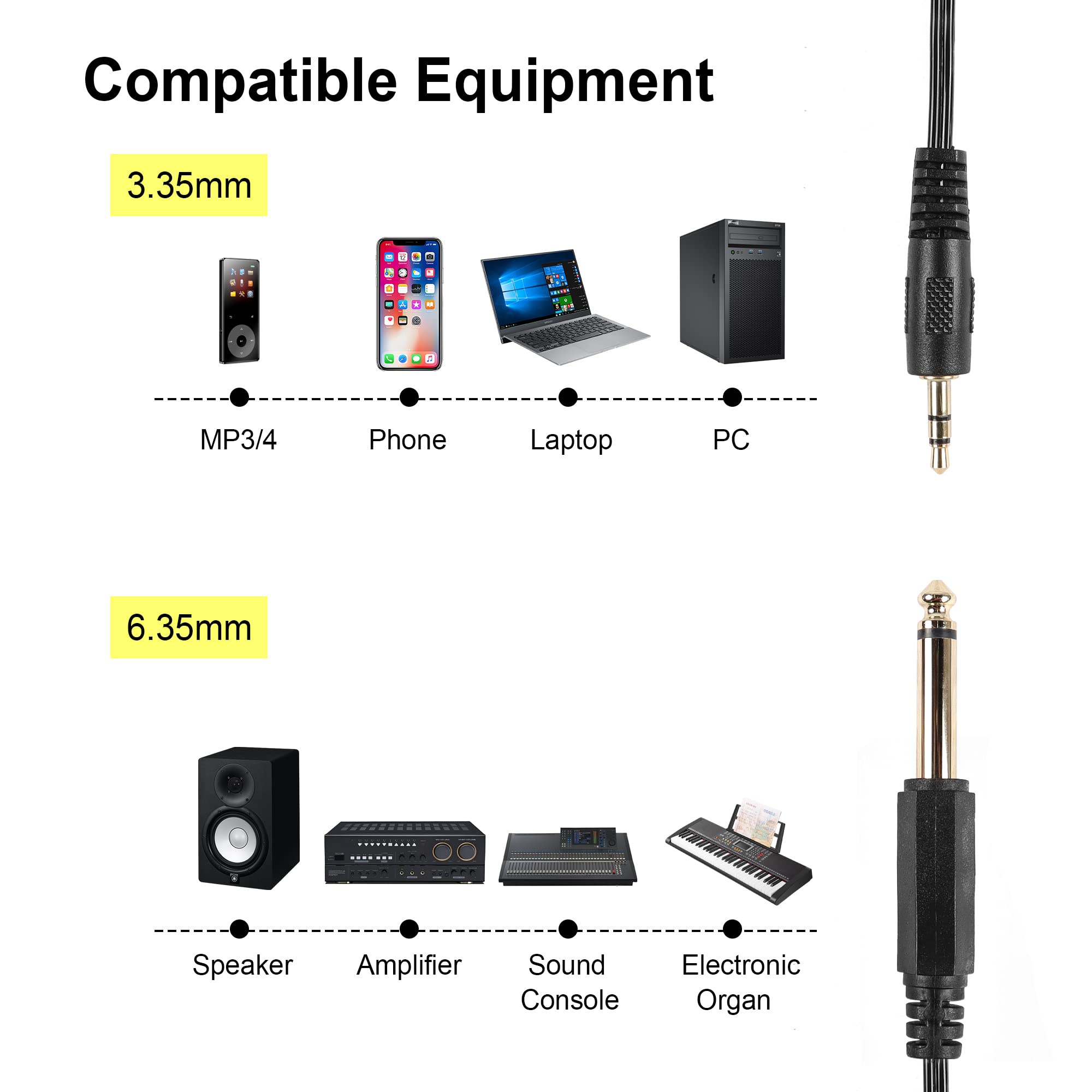 PNGKNYOCN 3.5mm TRS to 1/4 inch TS Cable，6.35mm (1/4 inch) Mono to 3.5mm (1/8 inch) TRS Stereo Interconnect Audio Coiled Cable for Headphone,Amp etc.