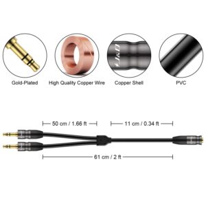 J&D 3.5 mm to 2X 3.5 mm Cable, Gold Plated Joint Copper Shell Heavy Duty 3.5mm 1/8 inch TRS Female to Dual 3.5 mm 1/8 inch TRS Male Y-Splitter Stereo Audio Adapter Cable for Headphone, 1.96 Feet