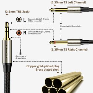 VIOY 1/8 to 1/4 Stereo Cable (6ft/2m), 3.5mm 1/8'' TRS to Dual 6.35mm 1/4" TS Mono with Brass Plating Housing Braided Audio Breakout Cable for Phones, Amp, Mixer, CD Players, Home Stereo Systems……