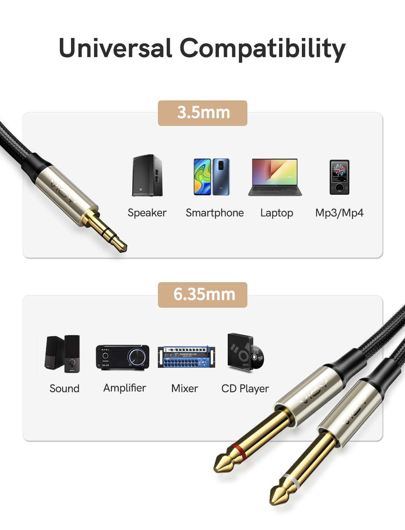 VIOY 1/8 to 1/4 Stereo Cable (6ft/2m), 3.5mm 1/8'' TRS to Dual 6.35mm 1/4" TS Mono with Brass Plating Housing Braided Audio Breakout Cable for Phones, Amp, Mixer, CD Players, Home Stereo Systems……