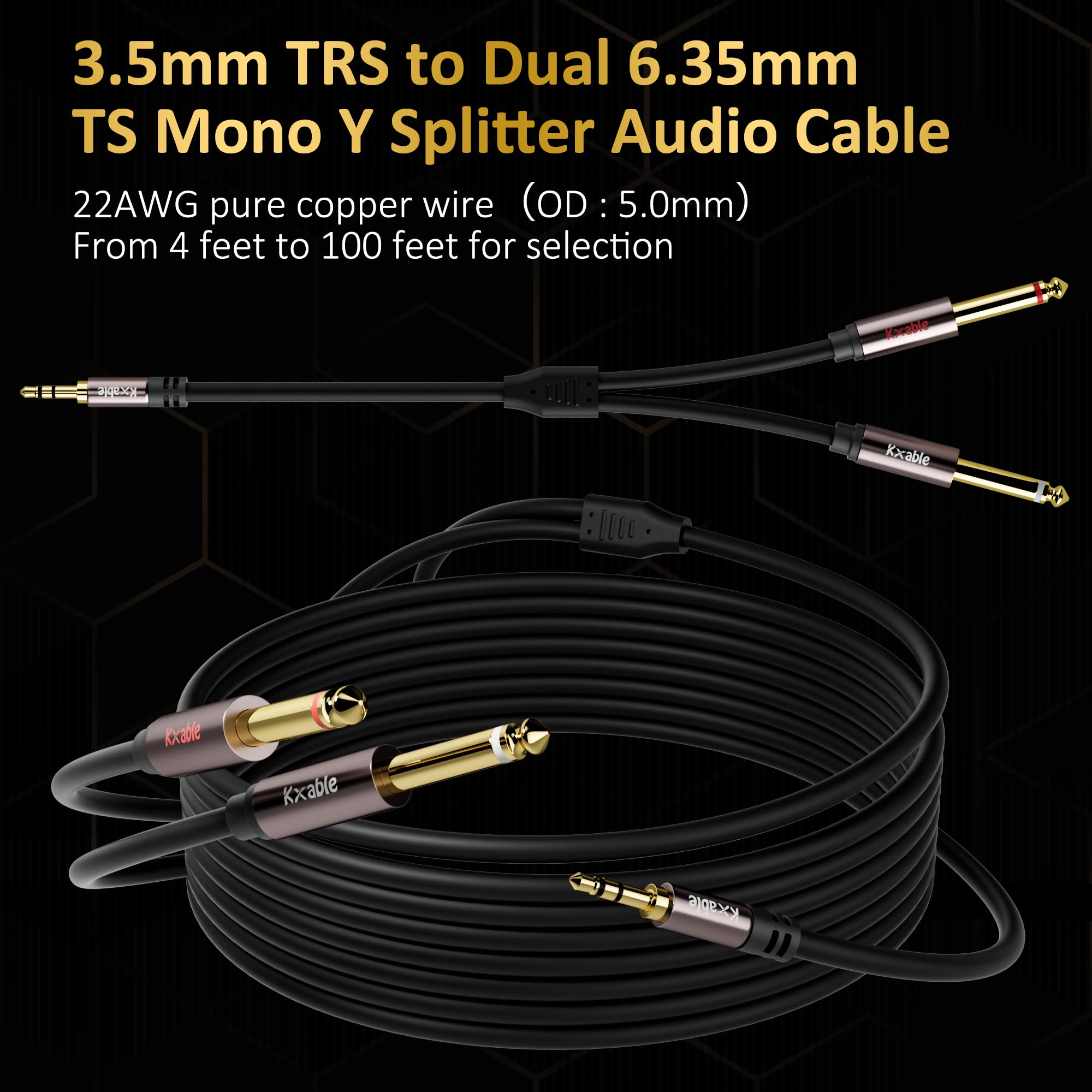 1/8 to Dual 1/4 Stereo Cable 100 Feet, 3.5mm TRS to 2 x 6.35mm TS Mono Y Splitter Audio Cord Adapter, Oxygen-Free Copper, OD:5.0MM, for PC, Mixer, Speaker, Home Stereo System with 5 Cable Ties