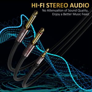 1/8 to Dual 1/4 Stereo Cable 100 Feet, 3.5mm TRS to 2 x 6.35mm TS Mono Y Splitter Audio Cord Adapter, Oxygen-Free Copper, OD:5.0MM, for PC, Mixer, Speaker, Home Stereo System with 5 Cable Ties