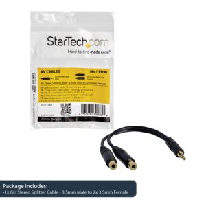 StarTech.com 6 in. 3.5mm Audio Splitter Cable - Stereo Splitter Cable - Gold Terminals - 3.5mm Male to 2x 3.5mm Female - Headphone Splitter (MUY1MFF),Black