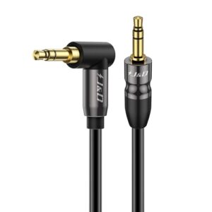 j&d 1/8 stereo cable, 3.5mm extension double male stereo audio aux jack to jack cable 90 degree right angle for phone tablet mp3 player and all other devices, 10 feet