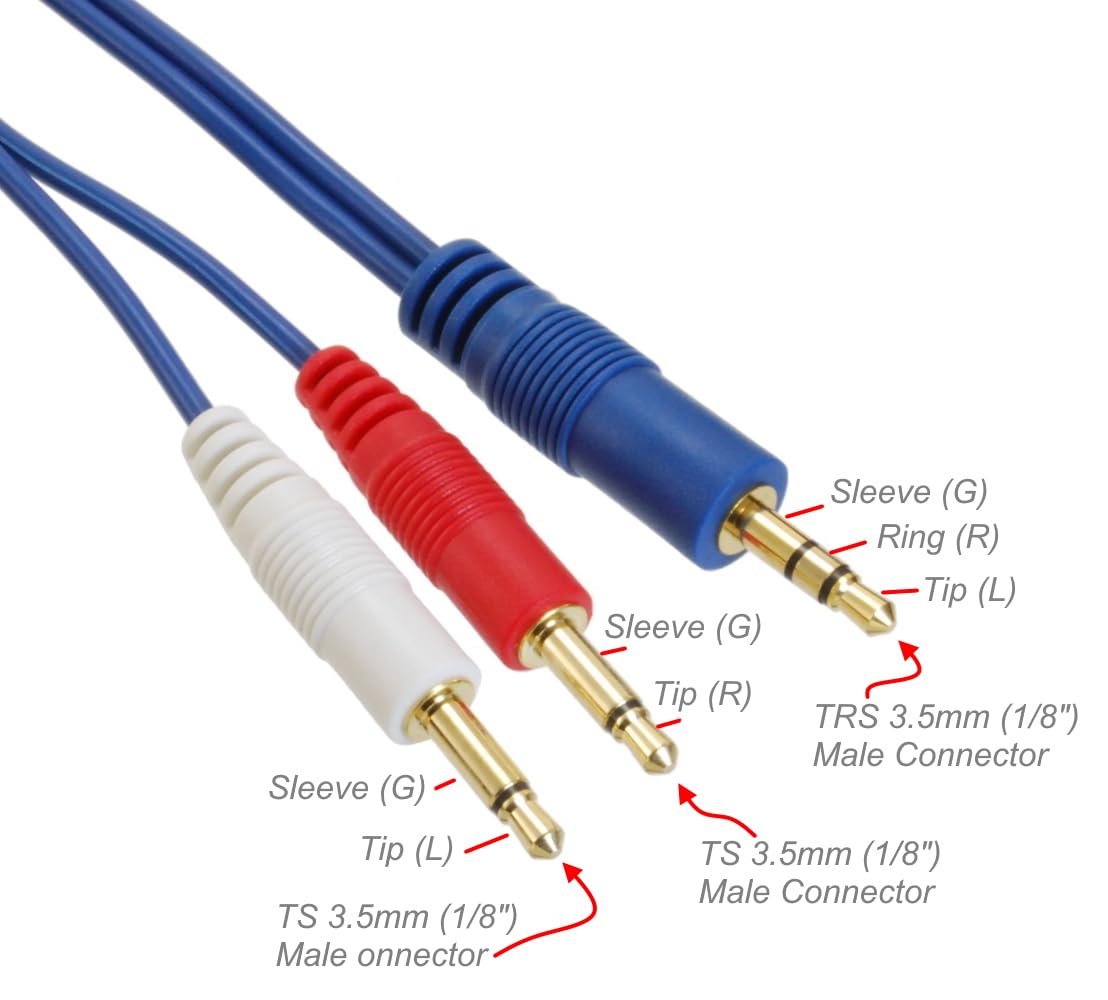 CablesOnline 3.5mm (1/8") TRS Stereo Male to Dual (Rd/Wh) 3.5mm (1/8") TS Mono Male Blue Audio Breakout Cable (1 Foot)