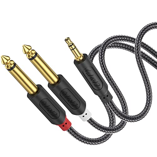 J&D 3.5mm TRS to Dual 6.35mm TS Breakout Cable, Gold Plated Audiowave Series 1/8 to Dual 1/4 Stereo Cable Splitter with Nylon Braid Compatible with PC, Computer Sound Card, Mixer, Speaker, 9 Feet