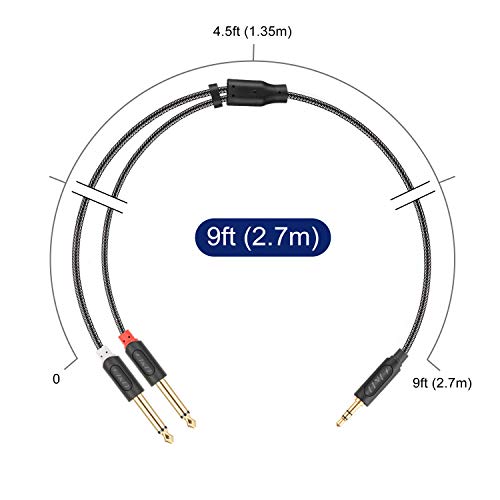 J&D 3.5mm TRS to Dual 6.35mm TS Breakout Cable, Gold Plated Audiowave Series 1/8 to Dual 1/4 Stereo Cable Splitter with Nylon Braid Compatible with PC, Computer Sound Card, Mixer, Speaker, 9 Feet