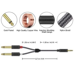J&D 3.5mm TRS to Dual 6.35mm TS Breakout Cable, Gold Plated Audiowave Series 1/8 to Dual 1/4 Stereo Cable Splitter with Nylon Braid Compatible with PC, Computer Sound Card, Mixer, Speaker, 9 Feet