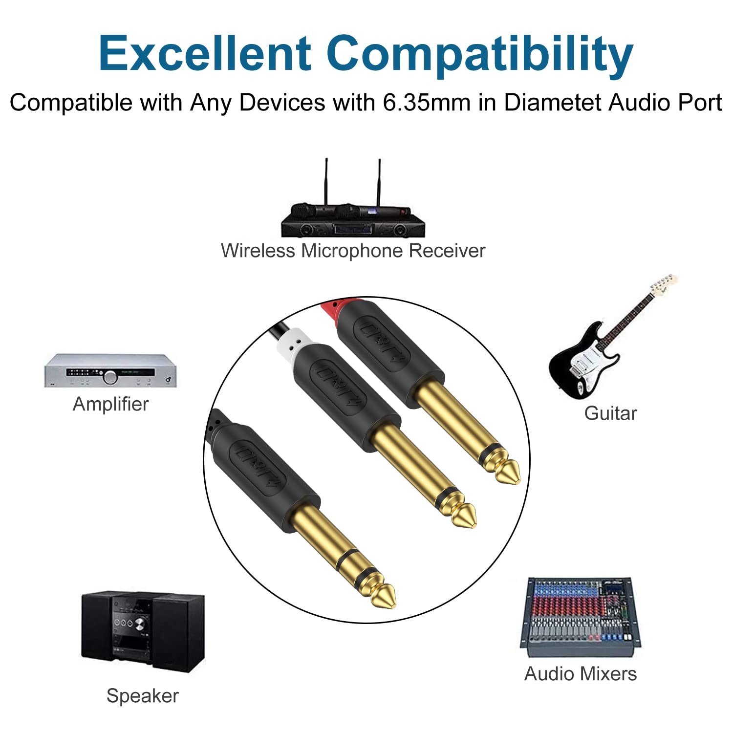 J&D 1/4 inch TRS Stereo Y Splitter Insert Cable, Gold Plated Audiowave Series 6.35mm 1/4 inch TRS Male to Dual 6.35mm 1/4 inch TS Male Mono Breakout Cable, Audio Cord, 3 Feet