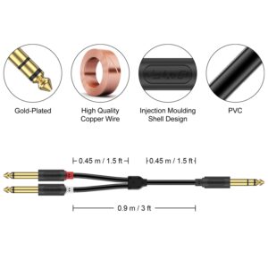 J&D 1/4 inch TRS Stereo Y Splitter Insert Cable, Gold Plated Audiowave Series 6.35mm 1/4 inch TRS Male to Dual 6.35mm 1/4 inch TS Male Mono Breakout Cable, Audio Cord, 3 Feet