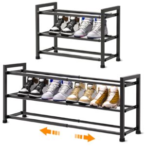 Bumusty Expandable Shoe Rack for Closet, Adjustable Small Shoe Rack for Entryway, Shoe Rack for Closet Small Space, Extendable Shoe Organizer for Front Door,Sturdy Metal Shoe Rack, Black 3-Tier