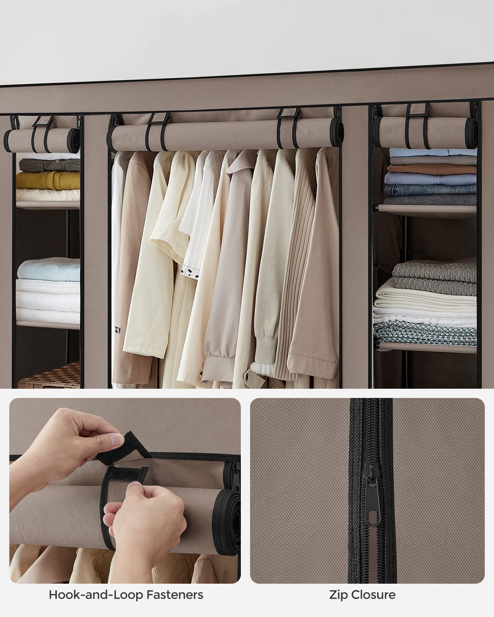 SONGMICS Closet Wardrobe, Portable Closet for Bedroom, Clothes Rail with Non-Woven Fabric Cover, Clothes Storage Organizer, 59 x 17.7 x 69 Inches, 12 Compartments, Taupe ULSF003R02