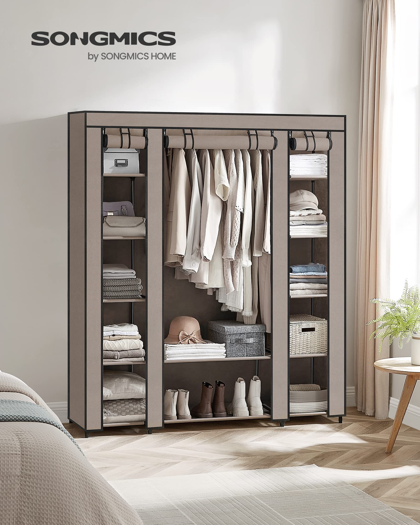 SONGMICS Closet Wardrobe, Portable Closet for Bedroom, Clothes Rail with Non-Woven Fabric Cover, Clothes Storage Organizer, 59 x 17.7 x 69 Inches, 12 Compartments, Taupe ULSF003R02