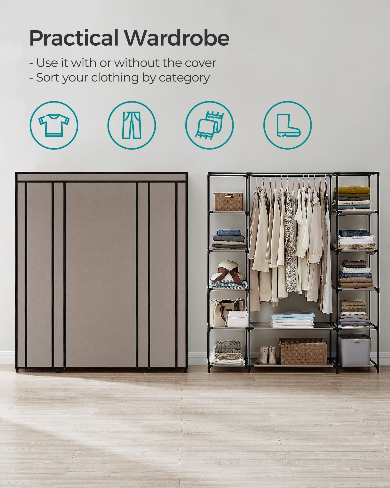 SONGMICS Closet Wardrobe, Portable Closet for Bedroom, Clothes Rail with Non-Woven Fabric Cover, Clothes Storage Organizer, 59 x 17.7 x 69 Inches, 12 Compartments, Taupe ULSF003R02