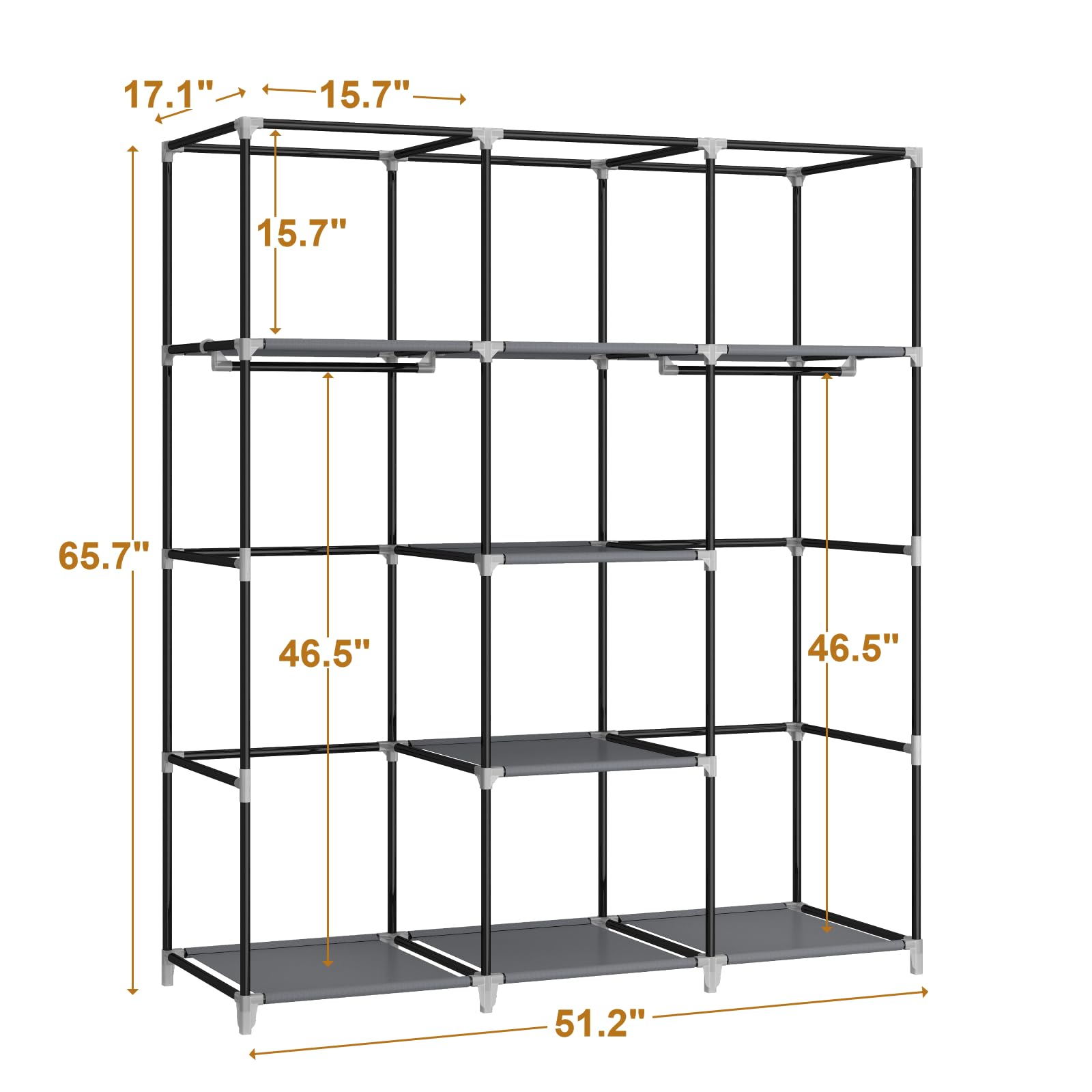 MOGELAFOO 51 Inch Portable Closet Wardrobe, Clothes Rack Storage Organizer with Non-Woven Fabric Cover, 2 Clothes Hanging Rods and 8 Storage Shelves, Grey