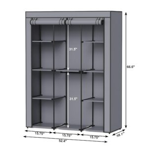 HODYANN Portable Closet, Wardrobe Closet with 10 Storage Shelves and 2 Hanging Rods, Non-Woven Fabric Cover, 52.4 x 18.1 x 66.6 Inches Closet Organizer for Bedroom, Gray