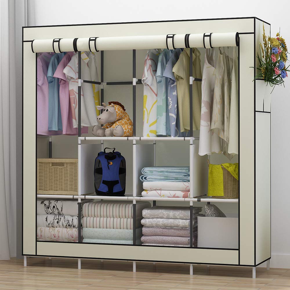 UDEAR Portable Closet Large Wardrobe Closet Clothes Organizer with 6 Storage Shelves, 4 Hanging Sections 4 Side Pockets,Beige